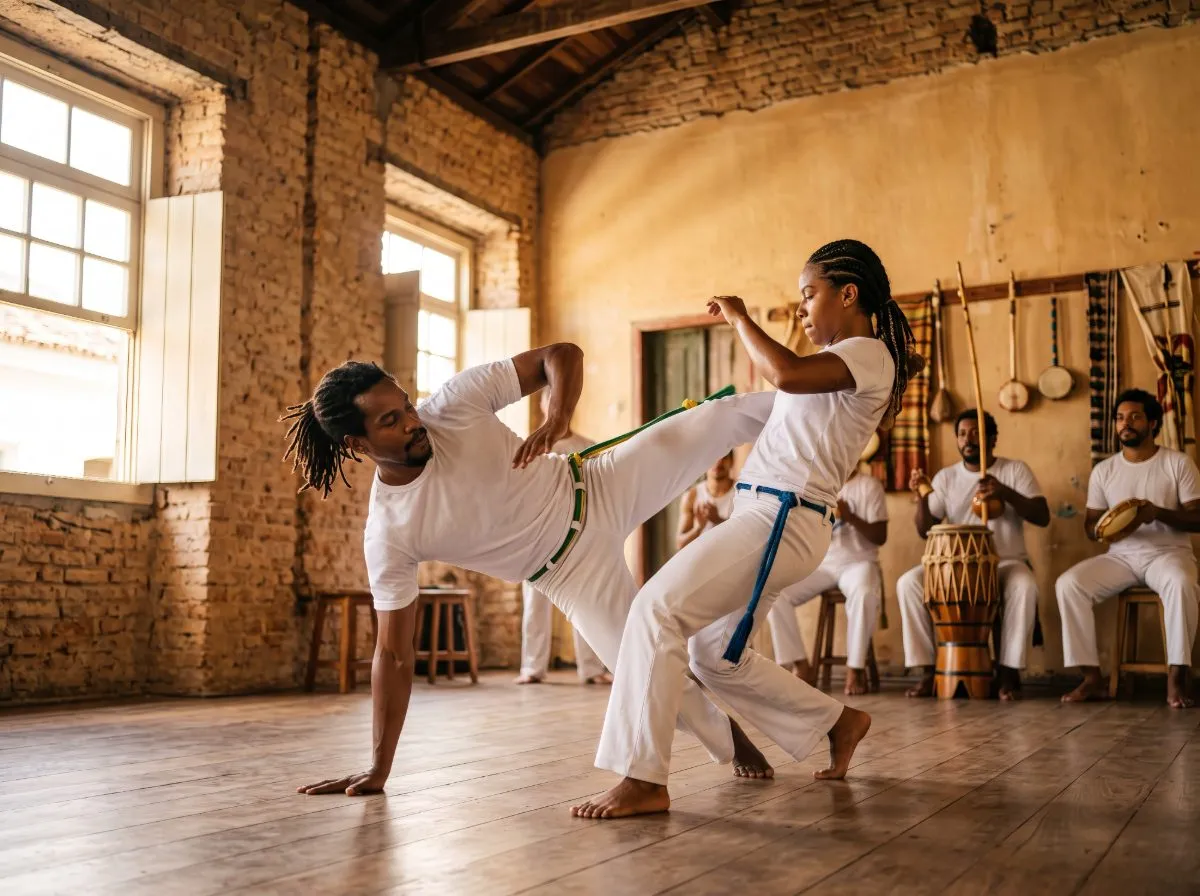 Capoeiristas em roda com berimbau e atabaque